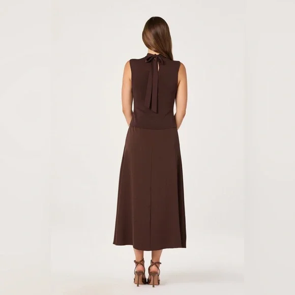 ASTR THE LABEL High Neck Tie Back Brown Midi Dress M - Picture 2 of 6